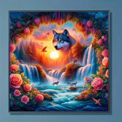 1件套全新狼瀑布花卉主题5D钻石画套装，DIY水晶钻石马赛克工艺品，适用于家居装饰、礼品、客厅、卧室，也适用于节日、庆典、婚礼等场合，不含画框