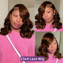 180% 巧克力棕色蓬松波浪波波头假发，深棕色 13x4 高清透明蕾丝前额假发，真人发水波纹预拔毛，女士款 - S4 - 查看 3