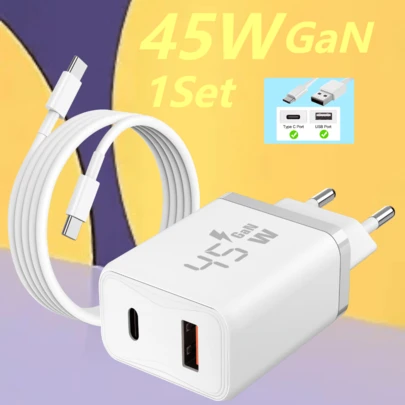Bộ sạc nhanh kép 45W Type-C, giao thức PD 3.0, tương thích với Galaxy S24/S23/S22/S21 Ultra/S20/S20+/Note 20/10/9/8/A73/A53/A52 và dòng 17/16/15, màu trắng, bao gồm cáp USB-C 2M.