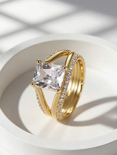 Charm-In Square Prong Set Double Shank Princess Cut CZ Ring 18K Gold Plated Copper Engagement Ring For Brides, Proposal & Wedding Party