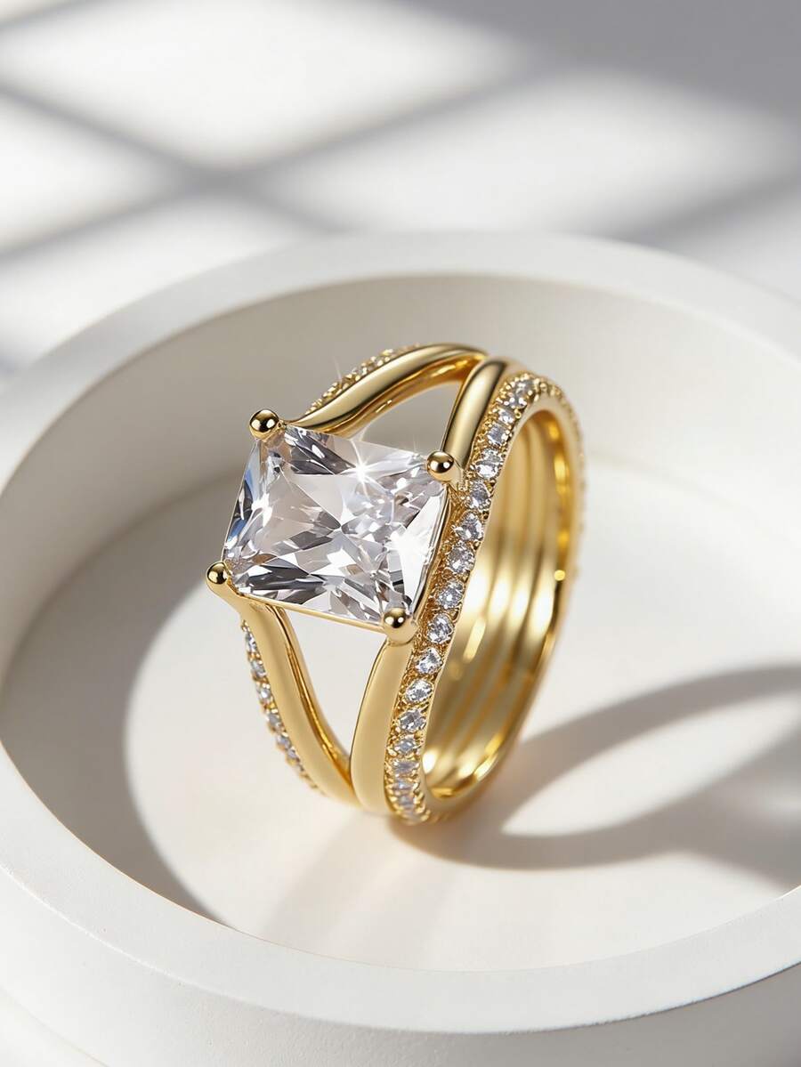 Charm-In Square Prong Set Double Shank Princess Cut CZ Ring 18K Gold Plated Copper Engagement Ring For Brides, Proposal & Wedding Party - Gold - View 1