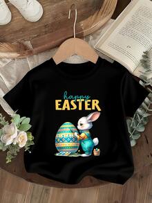 Conejo Pintando Huevo de Pascua Camiseta Estampada para Niño, Estilo Festivo de Primavera, Algodón Suave para Juego Libre, Ideal para Fiestas Familiares, Regalo Único y Cómodo que Expresa su Alegría - Negro - Ver 2