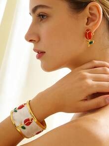 1 Set Of Naturalistic Style Stainless Steel Bracelet And Earrings Decorated With Colorful Enamel Rose Flower Design, Suitable For Women's Fashion Outfits Or As Party/Holiday Gift For Friends - Yellow Gold - View 8