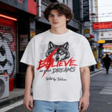 Camiseta de Manga Corta 100% Algodón con Estampado de Cabeza de Lobo y Rayo, Estilo Callejero Americano Vintage, Creer en Tus Sueños, Salvaje por Naturaleza, Top Holgado Casual - Blanco - Ver 3