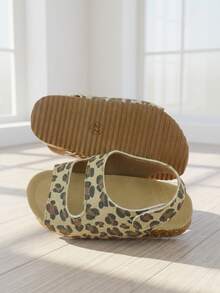 Girls' 3-12 Years Essential Leopard Print Sandals, Canvas Sole + Classic Leopard Pattern, Double Strap Open Toe Design, Adjustable Heel, Soft Cork Midsole + Non-Slip Rubber Sole, Retro Casual Style, Versatile For Daily Wear, Spring/Summer - Maroon - View 5
