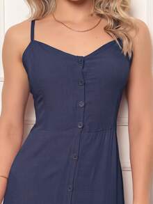 Elegant Women's Long Dress With Padded Cups, Lining, Adjustable Straps, And Front Buttons - 藏蓝色 - 查看 2