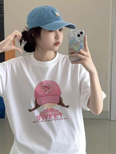 Women's Basic White Round Neck Short Sleeve T-Shirt, Sweet Girl Print, Knitted Fabric, Regular Length, Slightly Stretchy Casual