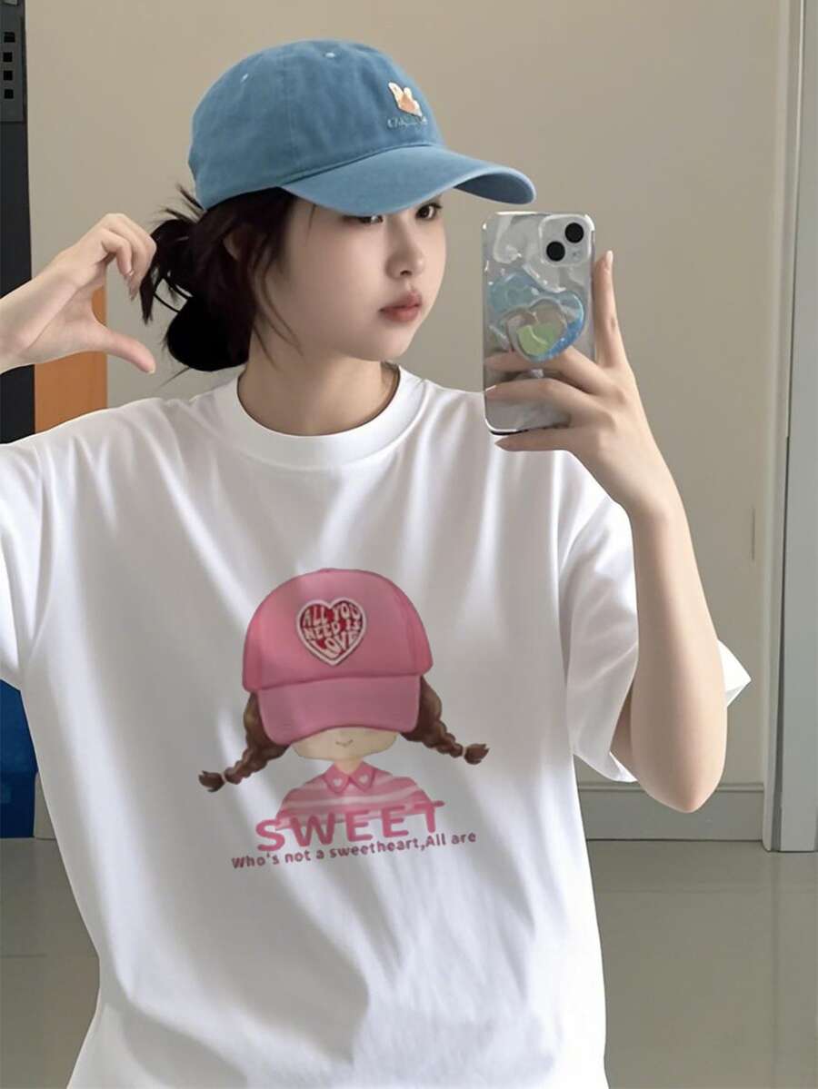 Women's Basic White Round Neck Short Sleeve T-Shirt, Sweet Girl Print, Knitted Fabric, Regular Length, Slightly Stretchy Casual - White - View 1