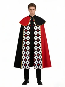 Red & Black Poker Card Print Cloak, Suitable For Halloween Party, Stage Play Performance - Multicolor - View 1