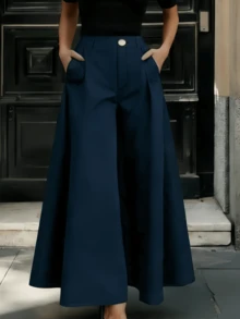 High-Waisted Summer Trousers, Wide-Leg High-Waisted Trousers With Pleats, Sizes S M L - Màu xanh hải quân - Xem 1