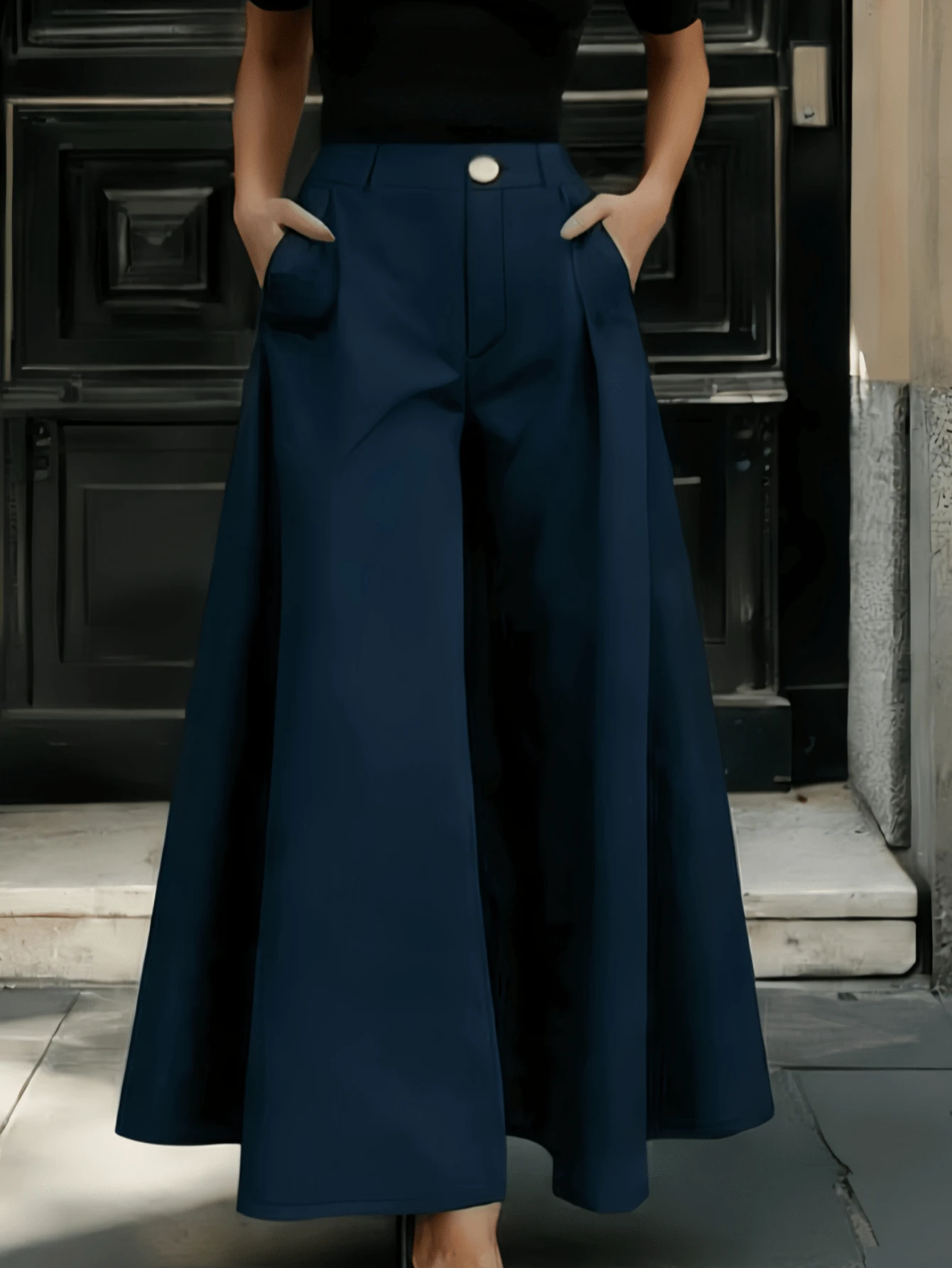 High-Waisted Summer Trousers, Wide-Leg High-Waisted Trousers With Pleats, Sizes S M L - Màu xanh hải quân - Xem 1