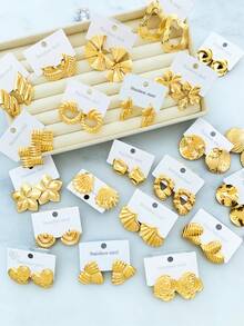 20pcs Gold Stainless Steel Earring Set, Geometric Flower/Heart/Shell Designs, 18K Gold-Plated Hypoallergenic Minimalist Fashion Earrings, Comfortable And Versatile, Perfect For Women's Daily Wear Or As An Ideal Gift - Multicolor - View 1