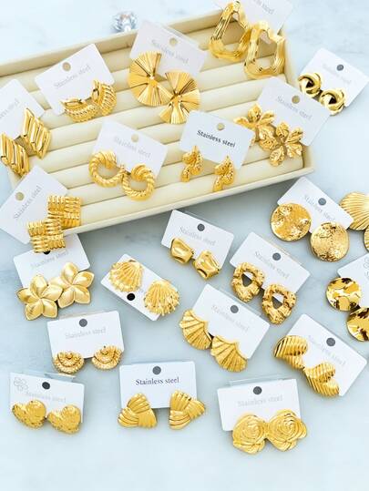 20pcs Gold Stainless Steel Earring Set, Geometric Flower/Heart/Shell Designs, 18K Gold-Plated Hypoallergenic Minimalist Fashion Earrings, Comfortable And Versatile, Perfect For Women's Daily Wear Or As An Ideal Gift