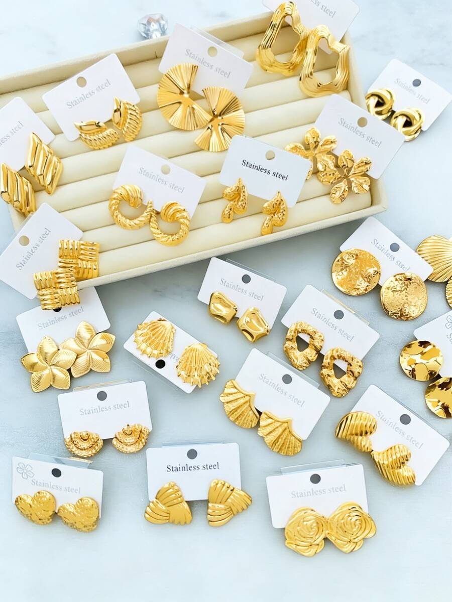 20pcs Gold Stainless Steel Earring Set, Geometric Flower/Heart/Shell Designs, 18K Gold-Plated Hypoallergenic Minimalist Fashion Earrings, Comfortable And Versatile, Perfect For Women's Daily Wear Or As An Ideal Gift - Multicolor - View 1