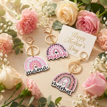 Bộ 3 móc khóa gỗ kẻ sọc "Mama" dành tặng mẹ nhân Ngày của Mẹ, móc khóa càng cua bằng hợp kim kẽm, món quà ý nghĩa dành cho mẹ, vợ, phụ kiện ngày lễ Ngày của Mẹ.