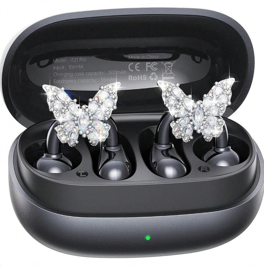 Clip-On Earbuds With Butterfly Earrings, Charge & Store Without Removing Earrings, Comfortable Fit & 50H Playtime Bluetooth Open Ear Headphones For Women, Small Ears, Gifts (Rose Gold) - Vàng hồng - Xem 1