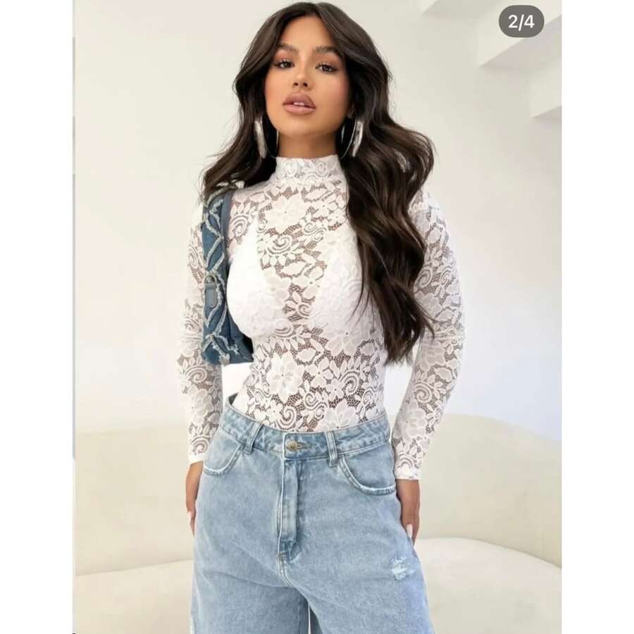 Elegant Floral Lace Long Sleeve Bodysuit - 白色 - 查看 1
