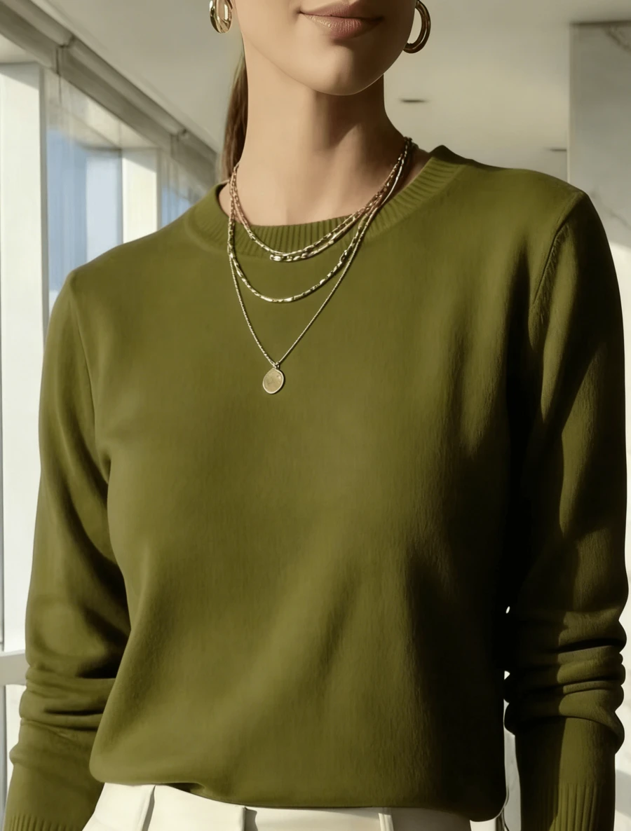 WOMEN'S LONG SLEEVE KNITTING BLOUSE WINTER BASIC ROUND NECK SWEATSHIRT - 軍綠色 - 查看 1