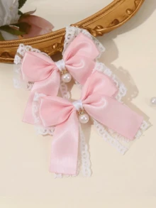 2 Peças Presilhas de Cabelo com Laço de Cetim Rosa, Renda Branca e Pérolas, Estilo Retro Francês Fofo Y2K, Acessórios de Cabelo Laço Lolita Adorável para Meninas, Verão, Férias, Viagem - Rosa chiclete - Visão 5