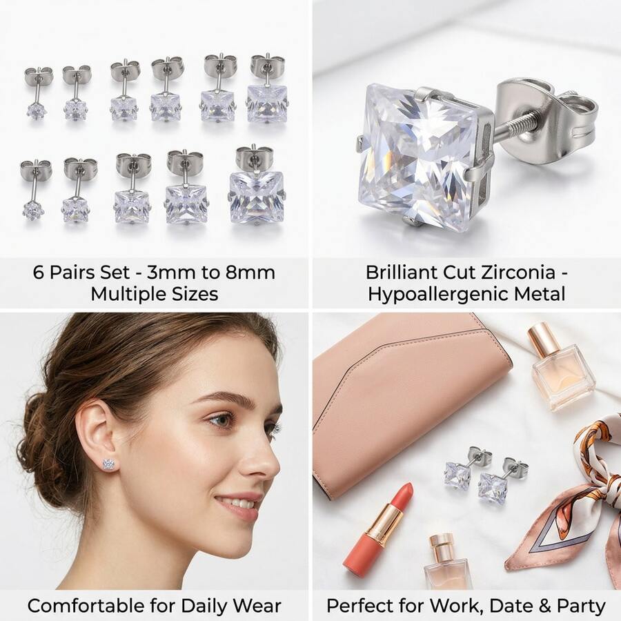 1 Đôi bông tai nữ kiểu dáng cổ điển thanh lịch, hình vuông, bốn chấu, đính đá Cubic Zirconia, trang sức cổ điển phù hợp để đeo hàng ngày, đi làm, dự đám cưới, tiệc tùng và làm quà sinh nhật. - MEXICO - Xem 1