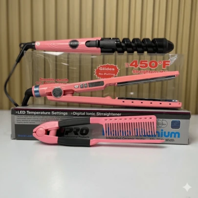Kit de Peinado 3 en 1 – Plancha, Rizador y Peine para Estilizar tu Cabello ‍♀️✨