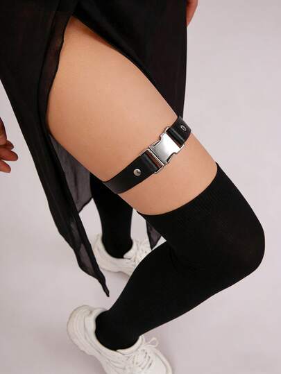 1PC Goth Punk Style Leg Garter Belt With Silver Buckle, Perfect Match For Black Sports Thigh High Socks