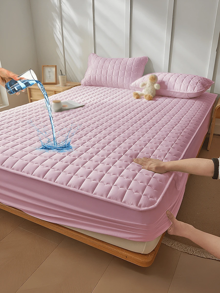 1pc Waterproof Fitted Sheet, Bedding, Skin-Friendly Mattress Cover, Soft And Comfortable Bedding For Bedroom, For All Seasons, Room Decor, Fall Decor, Halloween Gift, 11.8 Inch Deep Pocket Cooling Breathable Quilted Square Lattice Fitted Sheet, For Queen King Twin All Size, Solid Color Mattress Protective Cover, Dustproof, Comfortable And Machine Washable - 粉色 - 查看 1