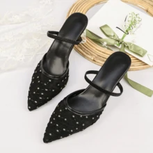 Mesh Floral Pointed Toe Mule Stilettos, Breathable Mesh Upper, Elegant High Heels Suitable For Commuting And Daily Wear - Black - View 13