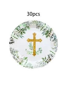 10/20/30/50入 金色十字架與綠色尤加利紙盤與紙杯，9吋與7吋金色亮片十字架綠色印花派對盤，適用於洗禮、聖餐、堅信禮、洗禮、復活節、婚禮、宗教派對裝飾 - 多色 - 查看 9
