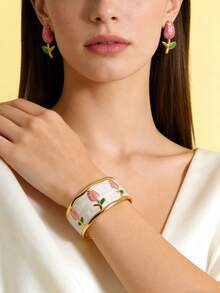 1 Set Of Naturalistic Style Stainless Steel Bracelet And Earrings Decorated With Colorful Enamel Rose Flower Design, Suitable For Women's Fashion Outfits Or As Party/Holiday Gift For Friends - Yellow Gold - View 5