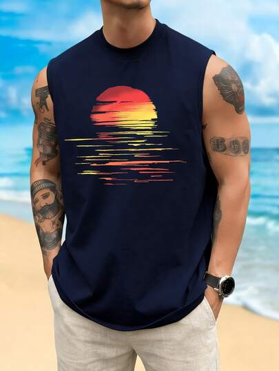 Áo tank top không tay dáng rộng thoải mái, in hình hoàng hôn, dành cho nam, mùa hè.