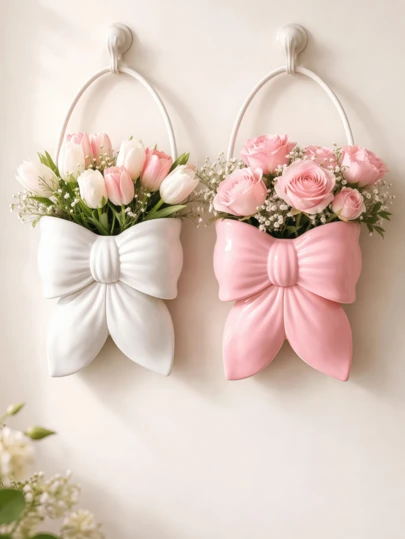 1pc/2pcs Bowknot Wall Hanging Vase Set, Decorative Wall Vase Suitable For Living Room, Bedroom, Corridor Home Wall Decor