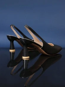 Black Closed-Toe Pointed-Toe High Heel Sandals, Solid Color PU Patchwork, Elastic Back Strap, Thin Heel Design, Luxury Fashion, Summer New Style, Suitable For Daily, Travel, Party, Commute And Outings - Black - View 4