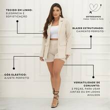 Two-Piece Linen Set: Blazer, Maxi Shorts, High Waist - Beis - Ver 4