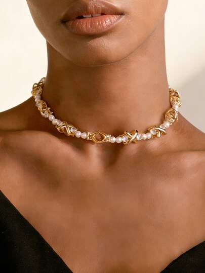 1 chiếc vòng cổ ngọc trai giả cổ điển dành cho nữ, vòng cổ choker chữ X đính đá Cubic Zirconia sáng bóng thời trang, thích hợp để đeo hàng ngày, đi nghỉ mát, dự đám cưới, tiệc tùng, kỷ niệm, ngày Valentine, quà Giáng sinh.