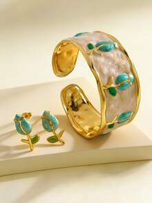 1 Set Of Naturalistic Style Stainless Steel Bracelet And Earrings Decorated With Colorful Enamel Rose Flower Design, Suitable For Women's Fashion Outfits Or As Party/Holiday Gift For Friends - Yellow Gold - View 6