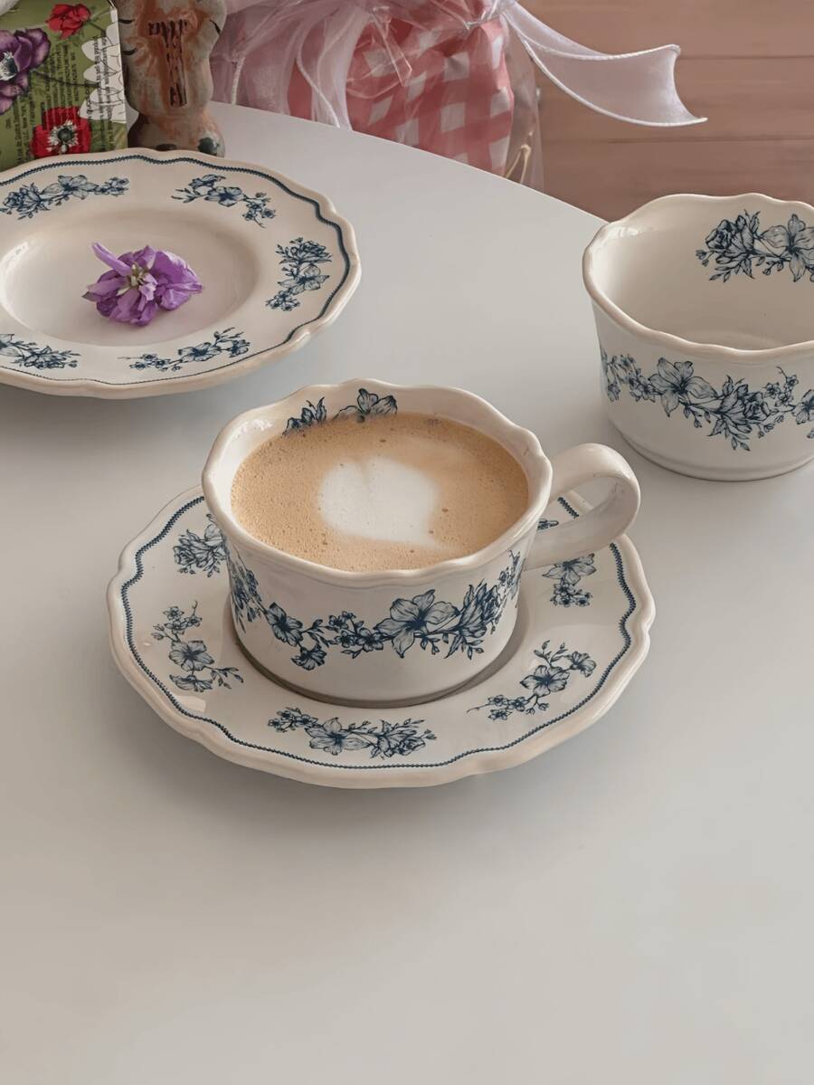 一套优雅复古蓝白瓷茶/咖啡杯碟套装，高品质下午茶、拿铁、咖啡杯碟，浪漫餐具，适用于家居、办公室、餐厅、派对、礼品