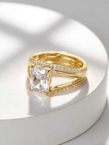 Charm-In Square Prong Set Double Shank Princess Cut CZ Ring 18K Gold Plated Copper Engagement Ring For Brides, Proposal & Wedding Party - Gold - View 2