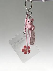 1个可爱粉色樱花泰迪熊钥匙扣，透明小袋包挂饰，适用于背包、钱包、手提包装饰，可爱配饰，Y2K风格花卉钥匙圈，送给她的礼物 - 珊瑚粉 - 查看 3