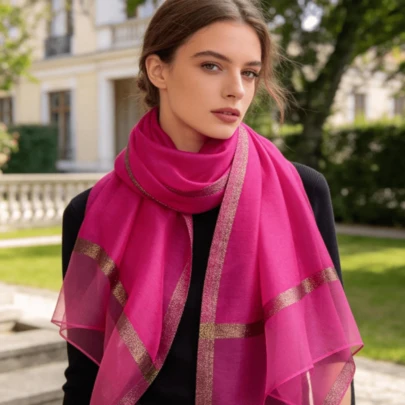 1pc Korean Style Gold Glitter Satin-Like Luxurious Brand Spring/Summer Large Size Long Cashmere Scarf, Solid Color Shawl, Warm Neck Protection, Women's Beach Fashion Headscarf, New Decorative Design, Suitable For Daily Wear