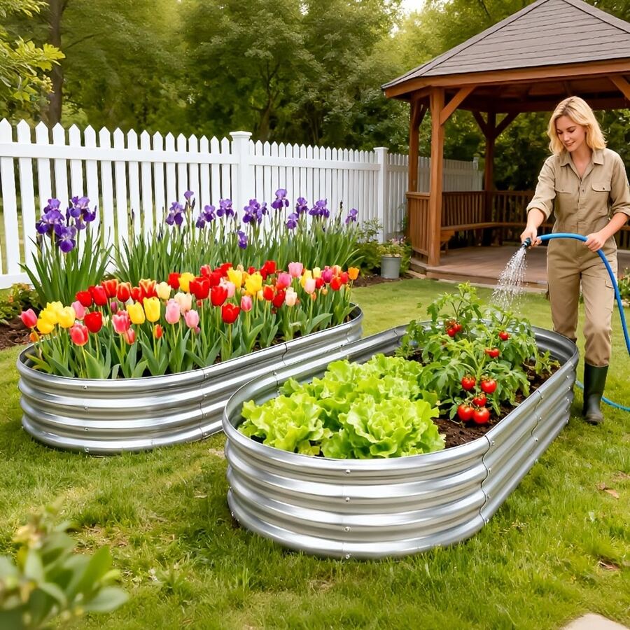 [Galvanized Garden Bed] 1/2pcs Metal Raised Garden Bed - 96x48x12inch /72x36x12inch/ 48x24x12inch Galvanized Oval Planter Outdoor For Flowers, Plants, Vegetables & Herbs - Anti-Rust, Durable & Easy Assembly  Herb Gardening | Durable Construction - 1 chiếc / 48*24*12 inch - Xem 1