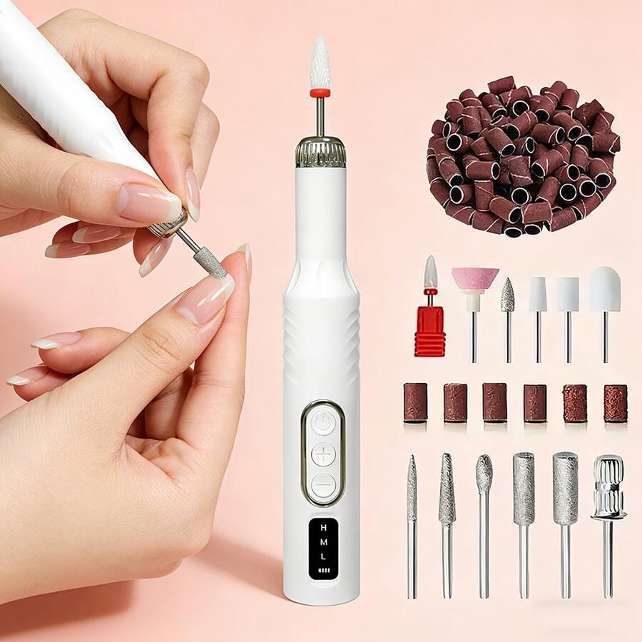 专业电动美甲打磨套装，指甲锉打磨机，指甲及足部护理套装，家用及沙龙美甲锉套装，指甲抛光工具 - 白色 - 查看 1