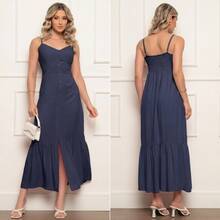 Elegant Women's Long Dress With Padded Cups, Lining, Adjustable Straps, And Front Buttons - 藏蓝色 - 查看 5