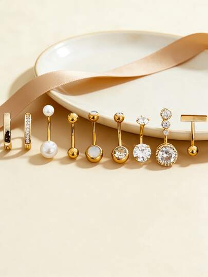 9pcs Short Crescent-Shaped Pearl Navel Rings Set, Stainless Steel T-Bar Double Gem Basic Cute Belly Button Piercing Jewelry For Daily Wear