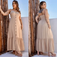 Elegant Women's Midi Dress In Viscose With Padded Cups, Lining, Adjustable Straps And Front Buttons - 米色 - 查看 5