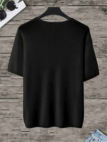 Men's V-Neck Loose Batwing Short Sleeve Knit Pullover - Black - View 7