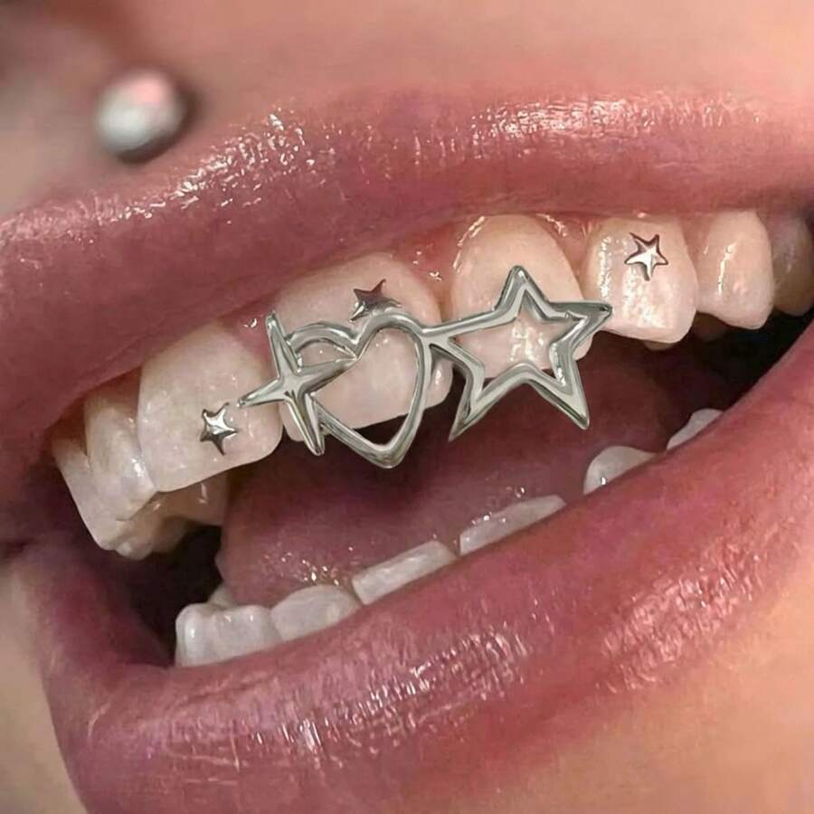 1件亮面镂空星形和心形独特嘻哈牙齿饰品，男女皆宜，适合派对、音乐节、节日等场合的配饰 - 彩色 - 查看 1