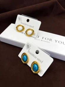 两套奢华复古风轻盈耳环耳钉套装，采用椭圆形虎眼石和不锈钢材质，防水、防褪色、低过敏性，简约优雅设计。 - 彩色 - 查看 4