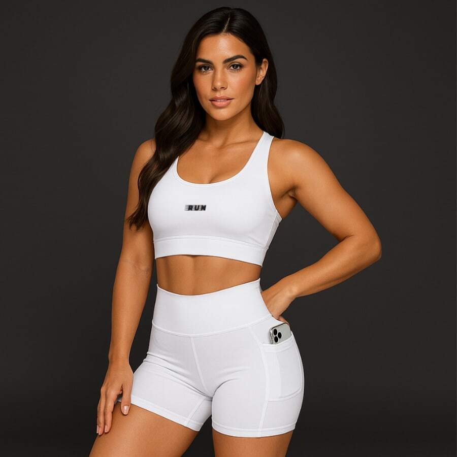 Women's Gym Set: Top + Shorts In Polyamide With Side Pocket, Workout/Training, Gym, Running, CrossFit - White - View 1