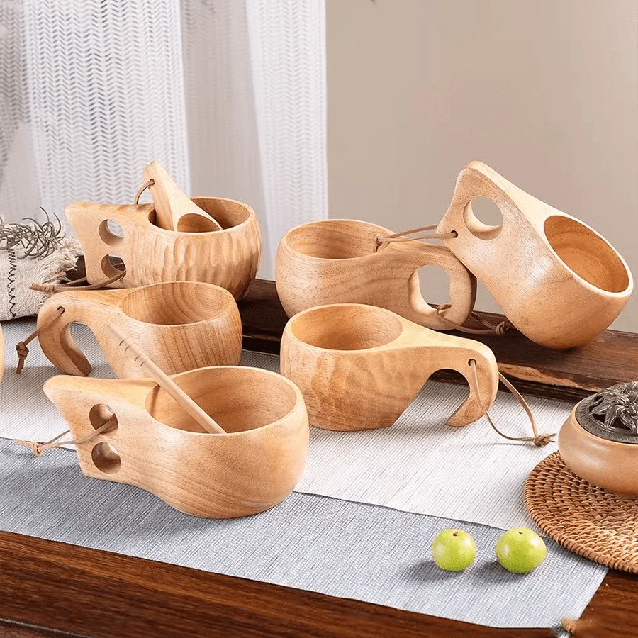 1 chiếc cốc gỗ, cốc sữa bằng gỗ cao su, cốc cà phê kiểu Phần Lan có tay cầm, cốc chịu nhiệt dùng ngoài trời khi cắm trại. - Màu be - Xem 1